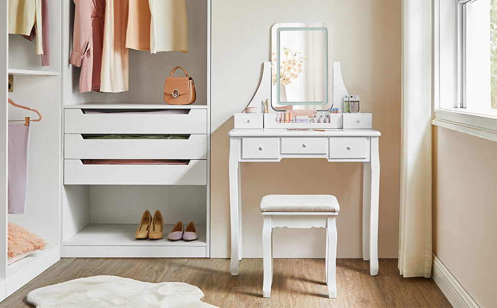 VASAGLE Masa de toaleta cu taburet, oglinda rotativa 360°, iluminare LED reglabila, 80x40x138 cm, alb