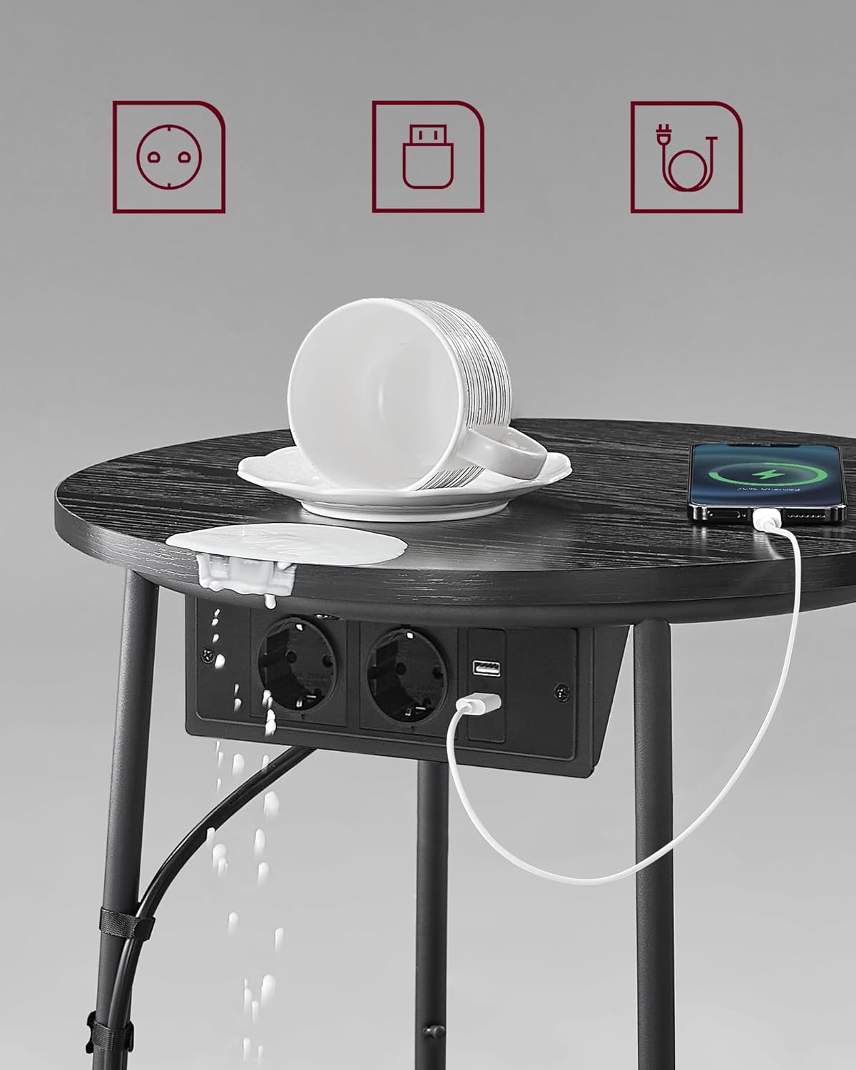 VASAGLE Masuta de cafea rotunda cu cos de stofa, statie de incarcare 2 prize si 2 USB, 45x50cm, negru