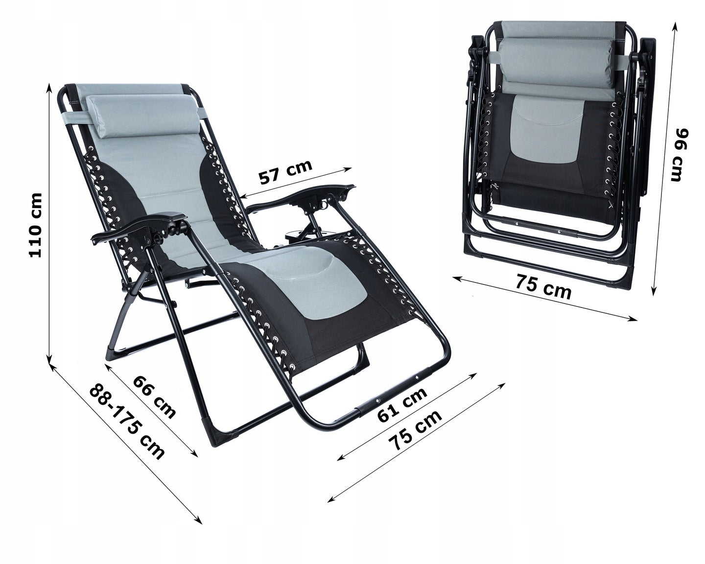 Sezlong scaun pliant plaja sau gradina, Siesta, gravitatie zero, cu tetiera, 175x75x110 cm, negri gri