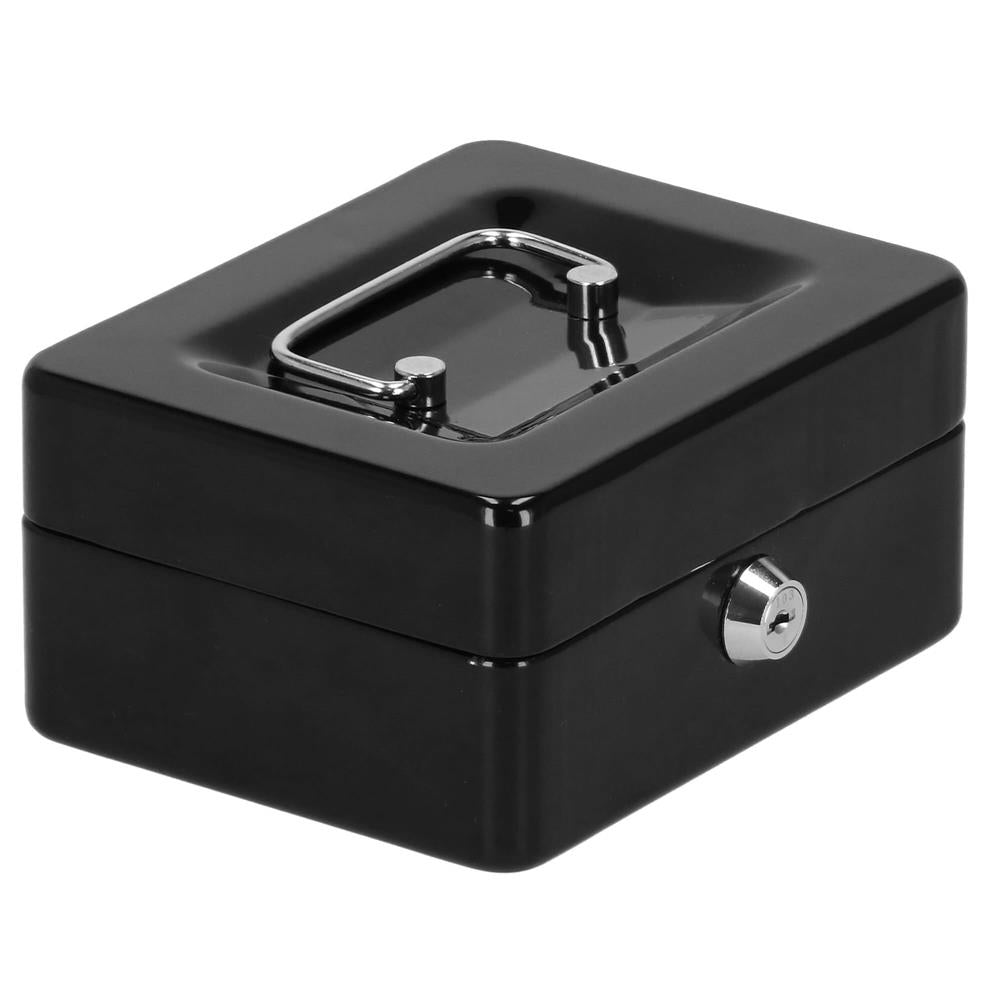 Caseta pentru bani tip cutie de valori, compartimentanta, cu cheie, metal, 15x12x8cm, negru