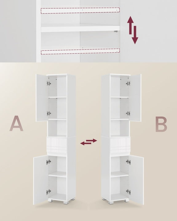 VASAGLE Dulap de baie tip coloana, din MDF, cu sertar si 2 usi, 30x30x170cm, alb