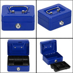 Caseta pentru bani tip cutie de valori, compartimentanta, cu cheie, metal, 12.5x9.5x6.5cm, albastru