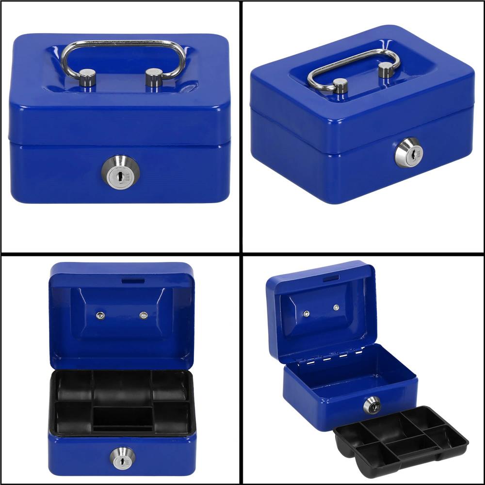 Caseta pentru bani tip cutie de valori, compartimentanta, cu cheie, metal, 12.5x9.5x6.5cm, albastru