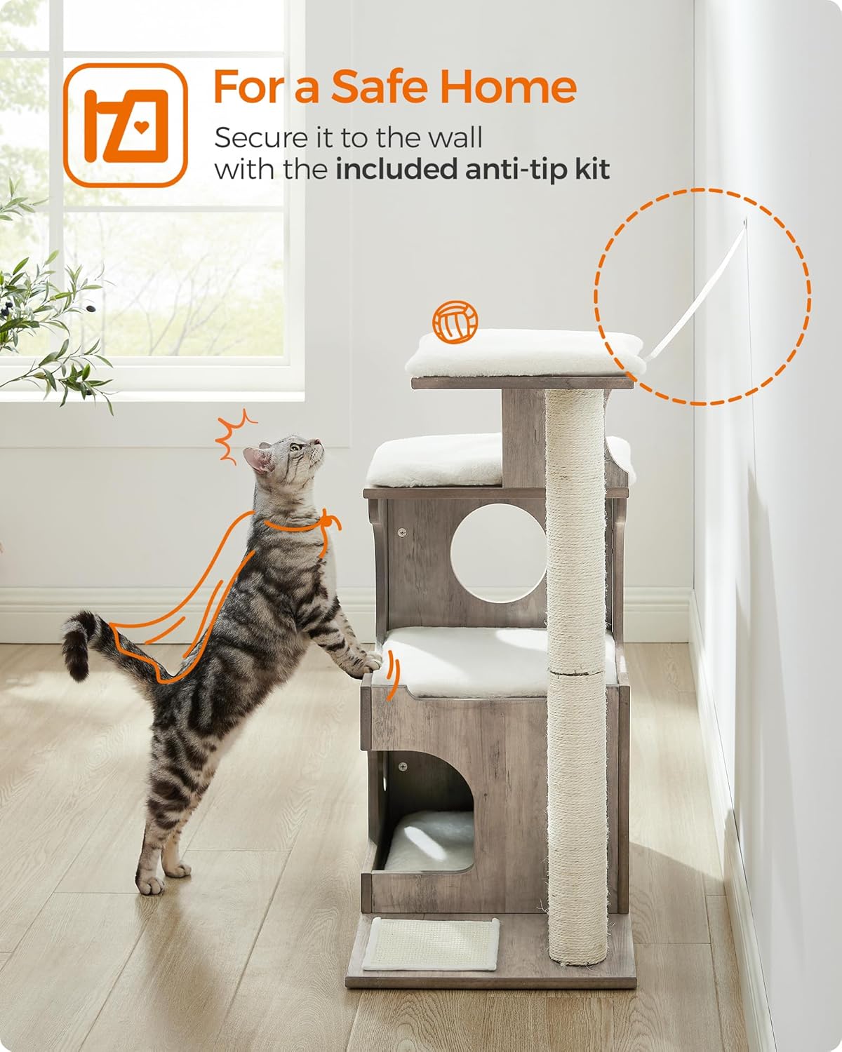 FEANDREA Ansamblu de joaca pisici, tip copac, din lemn, 66x40x86 cm, gri