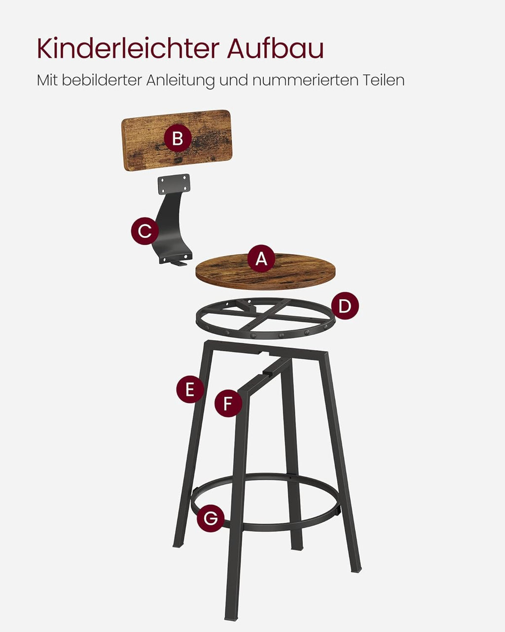 VASAGLE Set de 2 scaune de bar inalte cu spatar, cadru din otel, industrial, 51x89cm, maro rustic