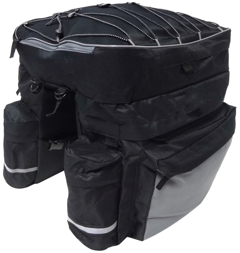 Geanta portbagaj bicicleta dubla, 8 buzunare laterale, 39x34x43cm, negru cu elemente reflectorizante gri, protectie impermeabila