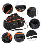 Geanta portbagaj bicicleta, 3 compartimente si 5 buzunare laterale, 45x20x22cm, negru cu elemente reflectorizante portocalii