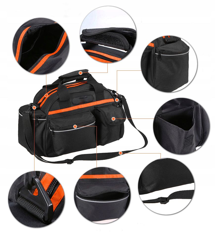 Geanta portbagaj bicicleta, 3 compartimente si 5 buzunare laterale, 45x20x22cm, negru cu elemente reflectorizante portocalii