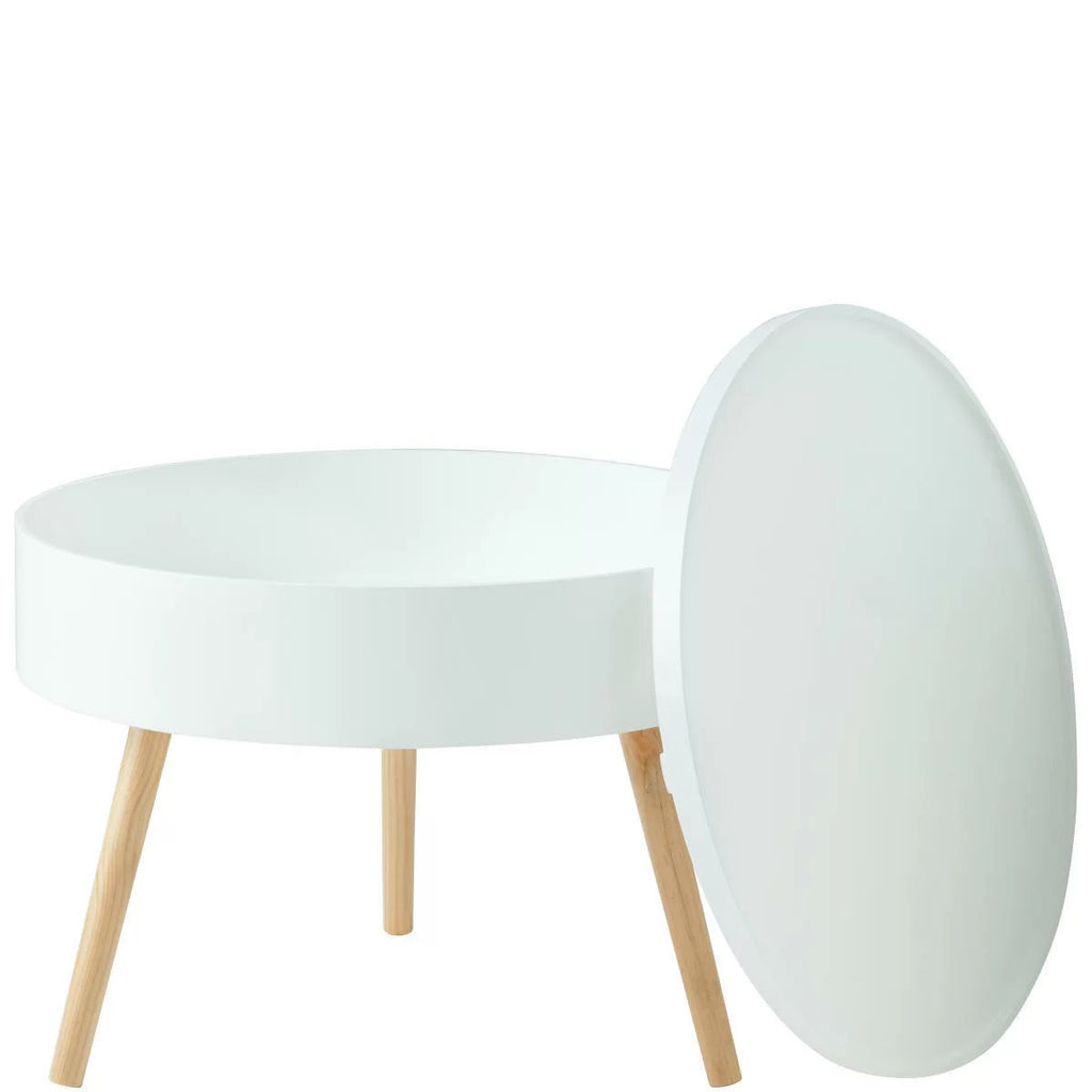 Masuta de cafea rotunda 60x40 cm, cu blat detasabil si spatiu depozitare, picioare din lemn de pin, alba