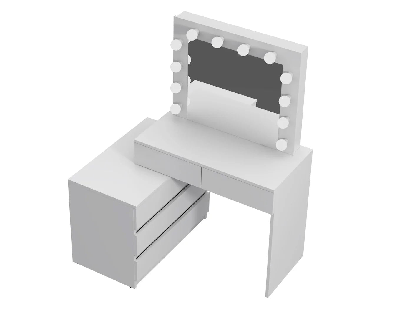 Masa de toaleta si machiaj colt Carla cu oglinda 12 LED si comoda 5 sertare, montaj stanga/dreapta, alb