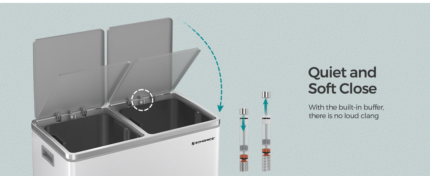 SONGMICS Cos gunoi dublu 59x32x65 cm, 2x30L, cu pedale si galeata detasabila, alb