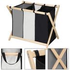 Cos de rufe cu 3 compartimente, cadru din lemn, 67x43x55 cm, 105 litri