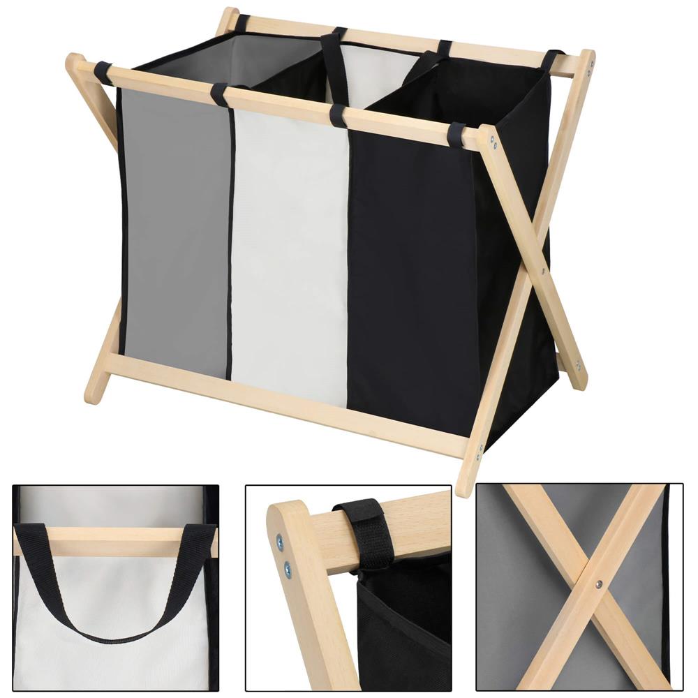 Cos de rufe cu 3 compartimente, cadru din lemn, 67x43x55 cm, 105 litri