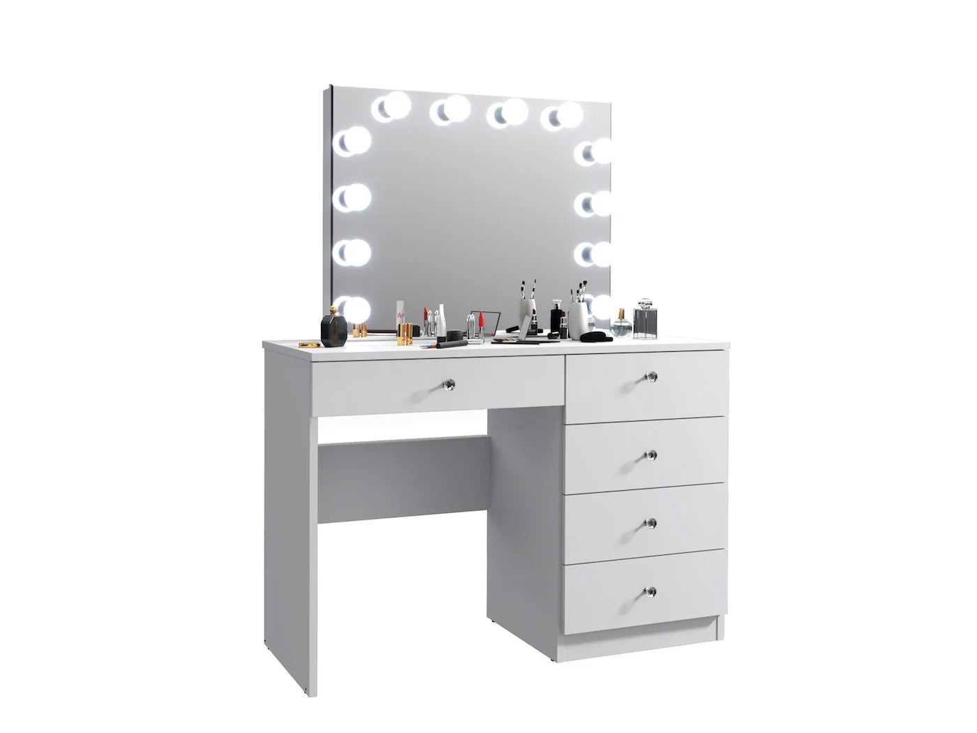 Masa de toaleta si machiaj Cristal Full cu oglinda LED si 5 sertare, 110x47x77 cm, alb