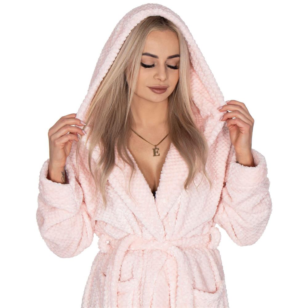 Halat de baie pentru femei pana la genunchi, cu gluga, marimea L/XL, roz