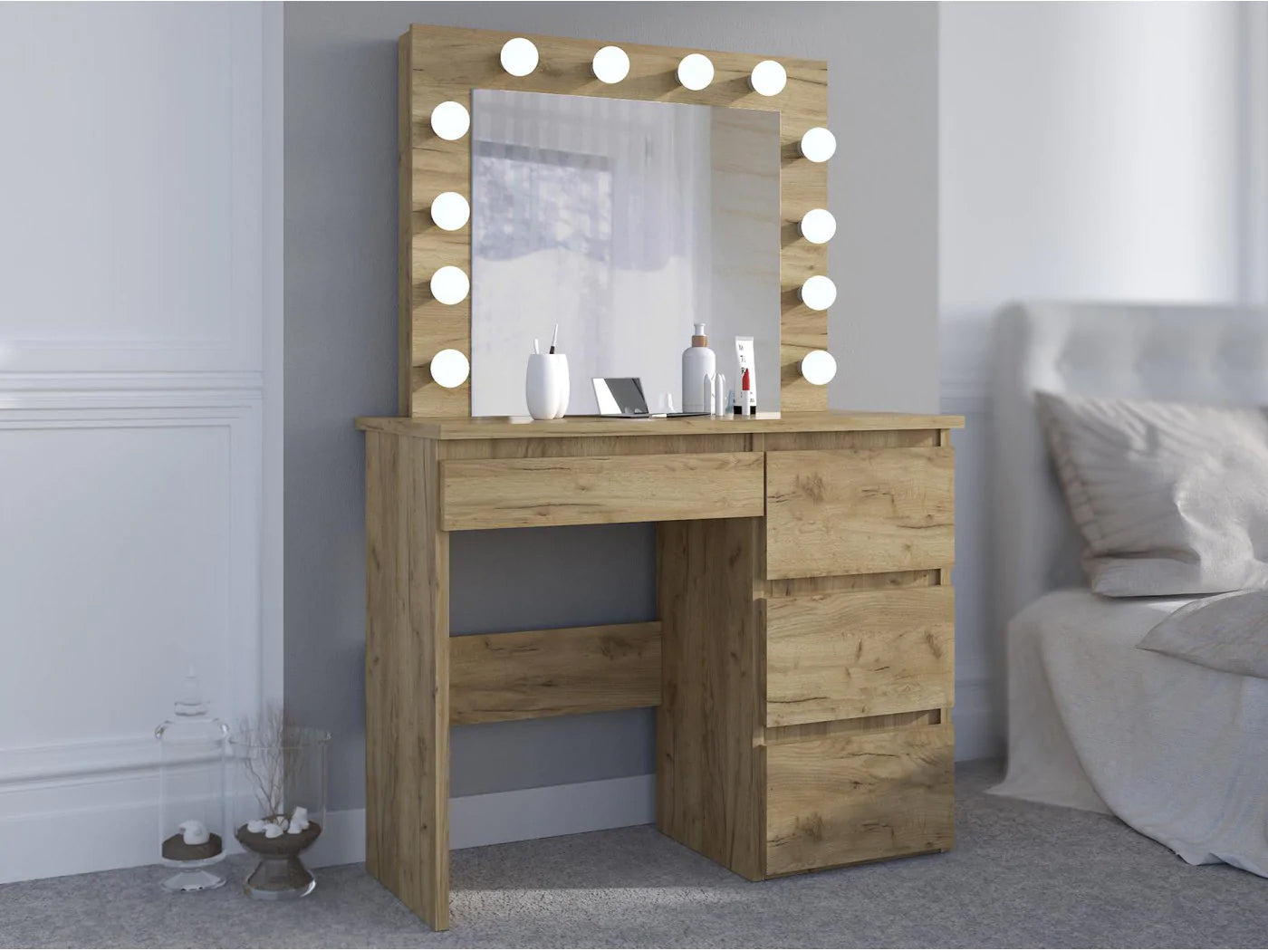 Masa de toaleta si machiaj Hollywood cu oglinda LED si 4 sertare, 94x43x140 cm, craft