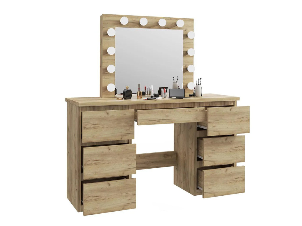 Masa de toaleta si machiaj cu oglinda LED si 7 sertare, 120x43x140 cm, craft