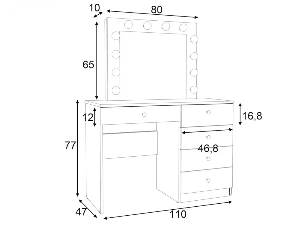 Masa de toaleta si machiaj Cristal 12 LED cu oglinda si 5 sertare, 110x47x77 cm, alb