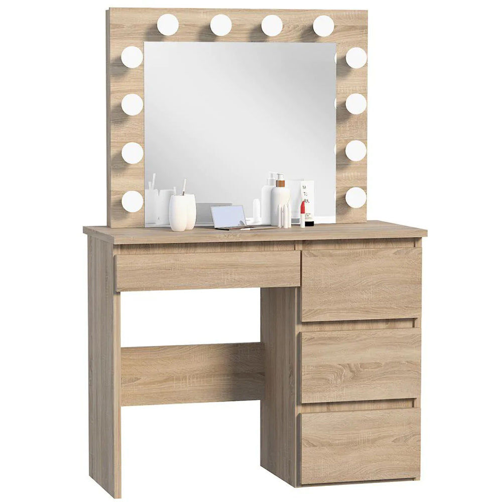 Masa de toaleta si machiaj Hollywood cu oglinda LED si 4 sertare, 94x43x140 cm, stejar