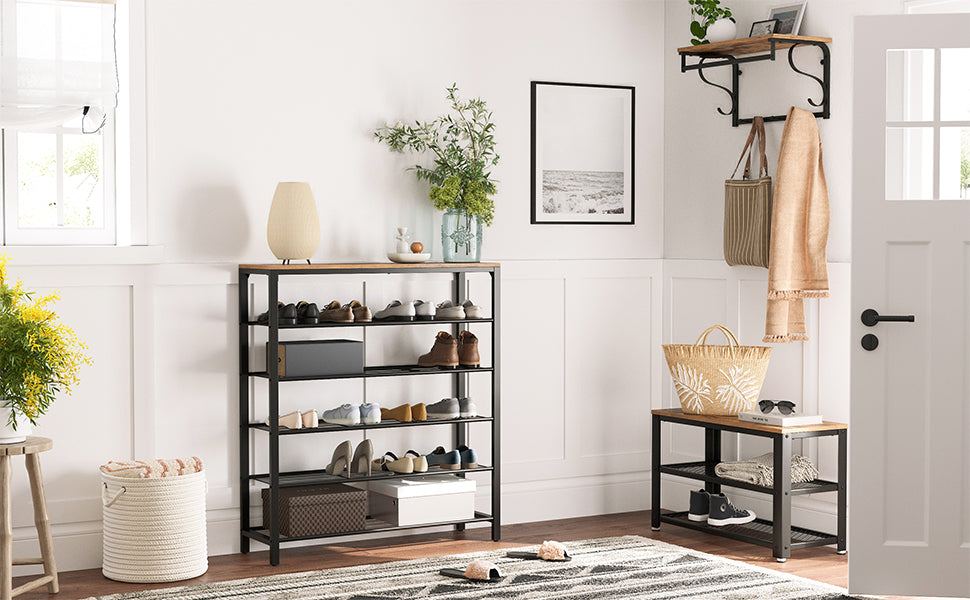 VASAGLE Etajera pantofi cu 5 rafturi si polita superioara, 100x30x110 cm, maro rustic