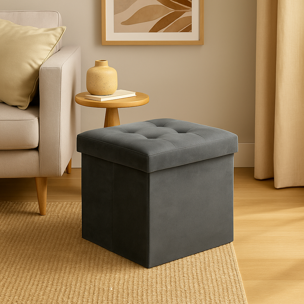 Taburet pliabil Atmosphera Lysandre cu spatiu de depozitare, 38x38x38 cm, gri