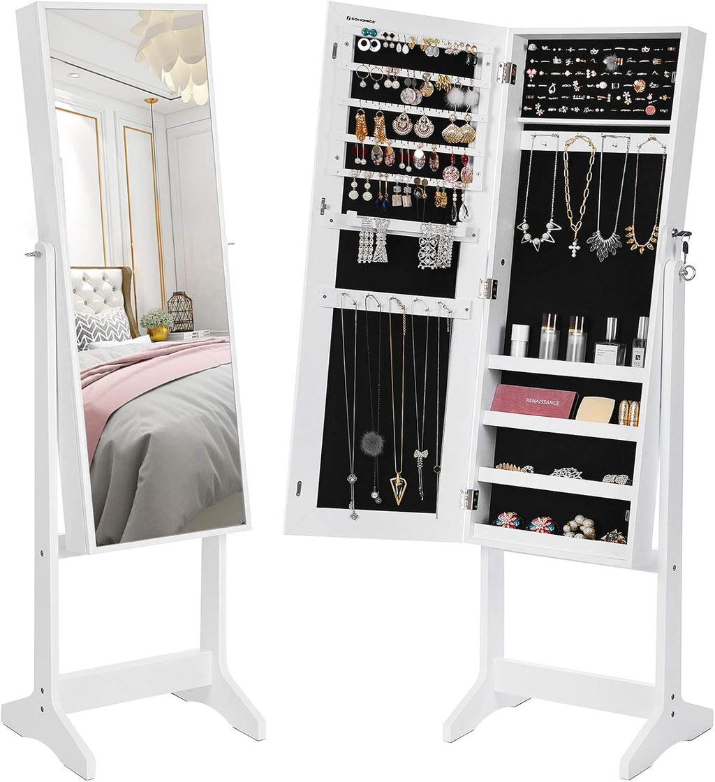 SONGMICS Oglinda de podea cu suport, din MDF, spatiu de depozitare, 41x37x152 cm, alb