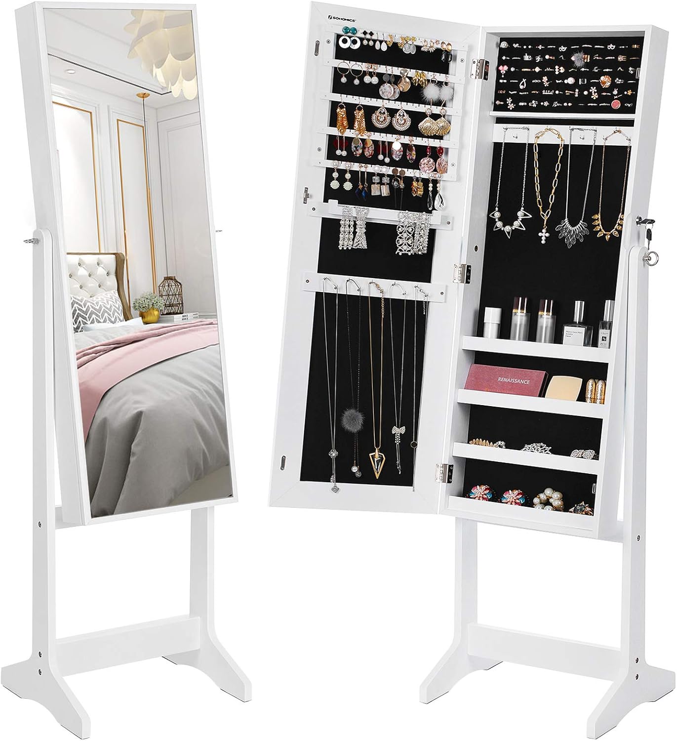 SONGMICS Oglinda de podea cu suport, din MDF, spatiu de depozitare, 41x37x152 cm, alb