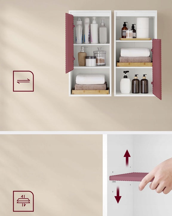 VASAGLE Dulap de baie de perete cu 3 polite, usa cu directie de deschidere reglabila, 30x40x80 cm, alb cu bej