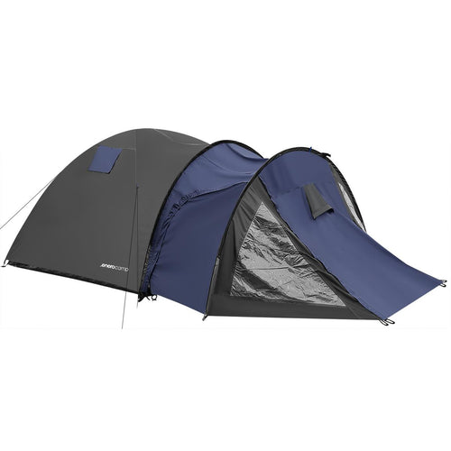 Cort camping 4 persoane cu antreu, impermeabil 3000 mm, 450x210x150 cm, negru si albastru