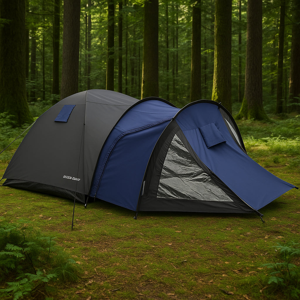 Cort camping 4 persoane cu antreu, impermeabil 3000 mm, 450x210x150 cm, negru si albastru