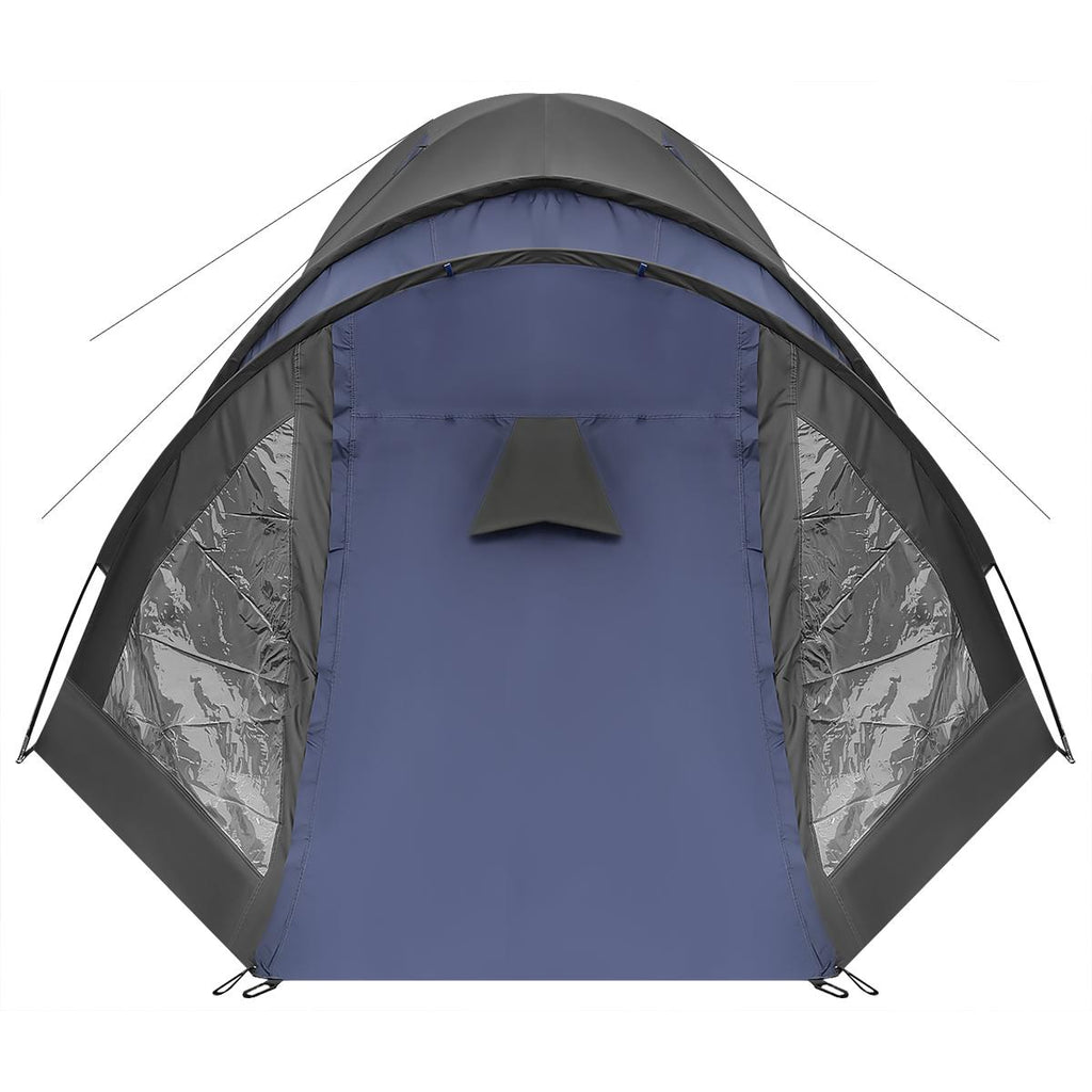 Cort camping 4 persoane cu antreu, impermeabil 3000 mm, 450x210x150 cm, negru si albastru