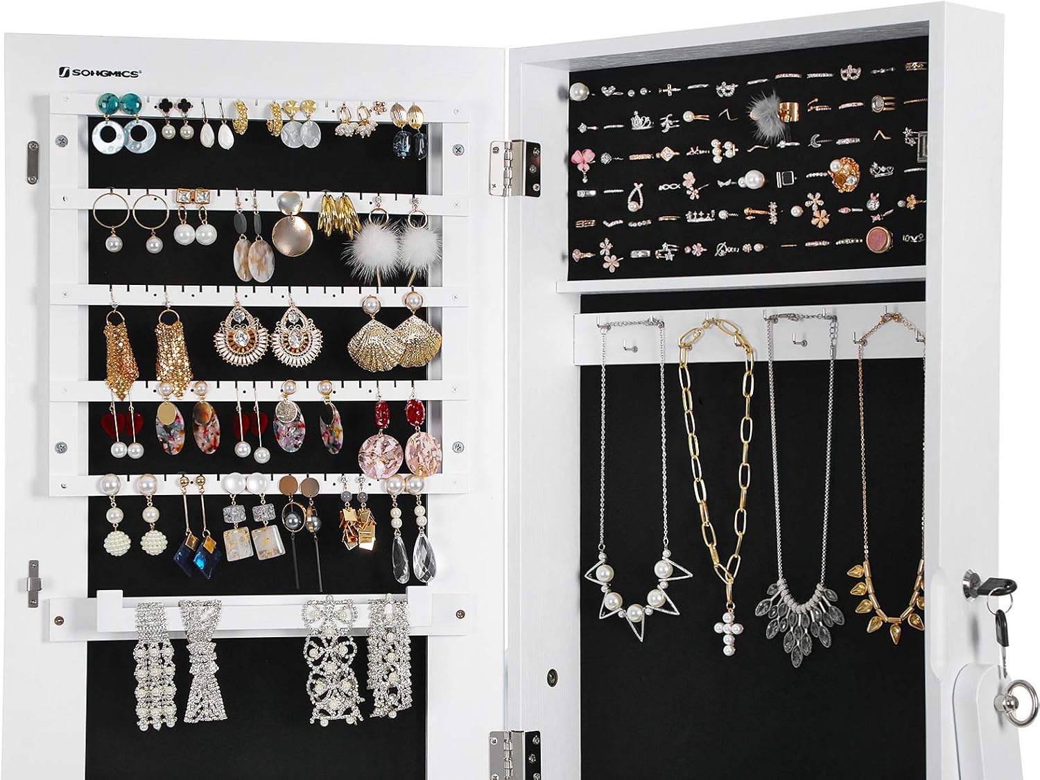 SONGMICS Oglinda de podea cu suport, din MDF, spatiu de depozitare, 41x37x152 cm, alb