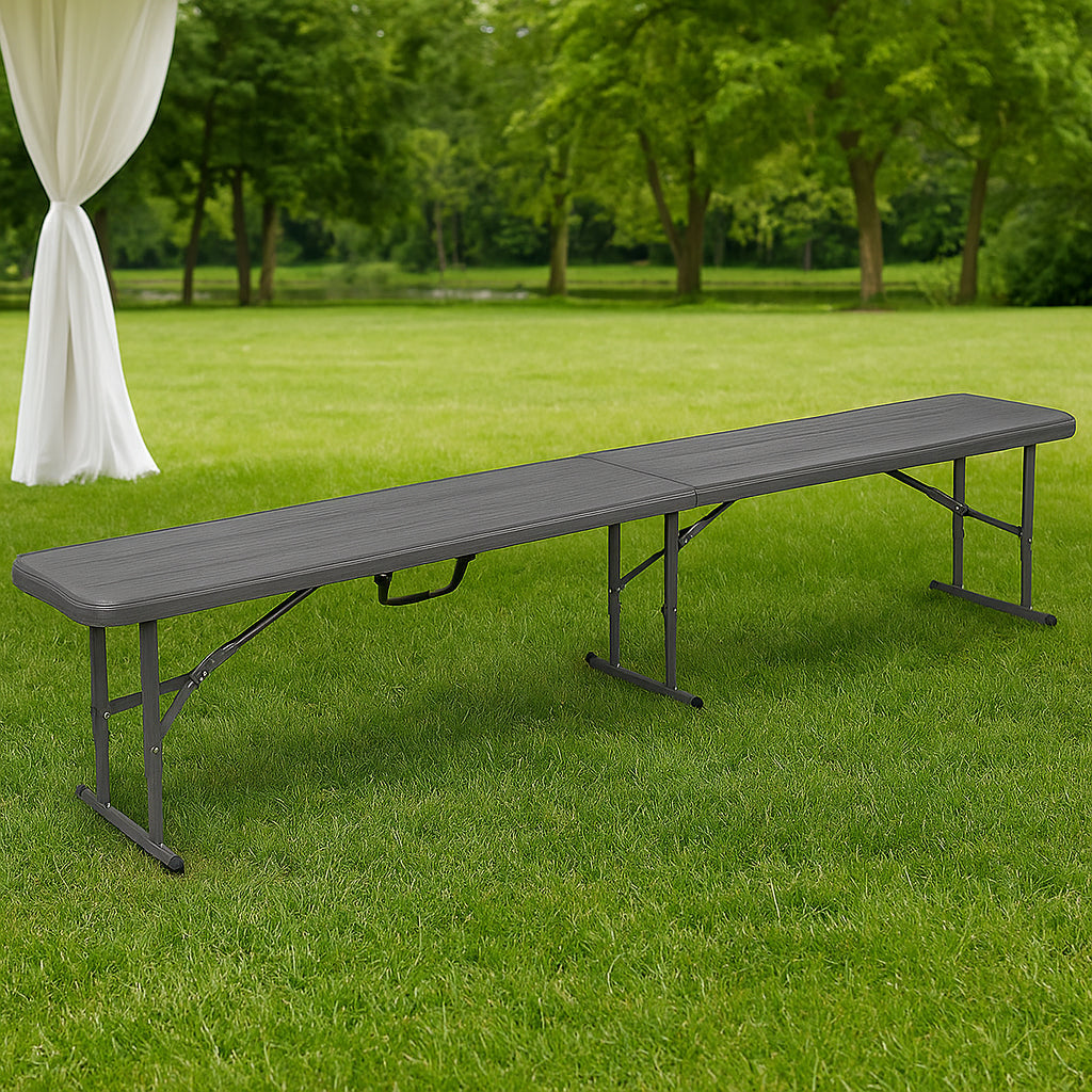 Banca pliabila, imitatie lemn, HDPE si otel, 183x28x43 cm, gri inchis