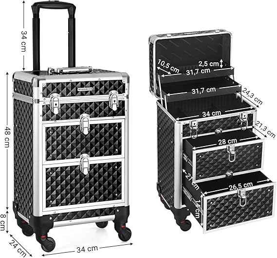 SONGMICS Valiza pentru cosmetice cu roti, profesionala, inchidere cu cheie, 24x34x56cm, negru
