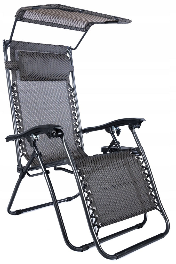 Sezlong pliabil cu parasolar si tetiera, reglabil in 2 pozitii, suport pahare, 174cm, gri