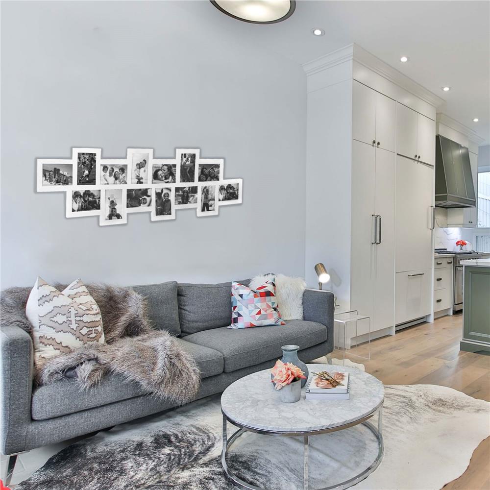 Rama foto de perete, colaj de 14 fotografii, 36x118cm, alb