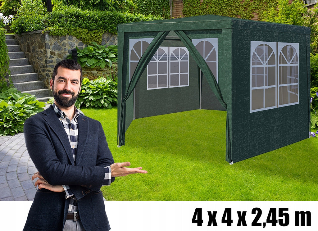 Cort pavilion de gradina hexagonal, 200x200 cm, cu pereti laterali cu ferestre, impermeabil cu rezistenta UV, verde