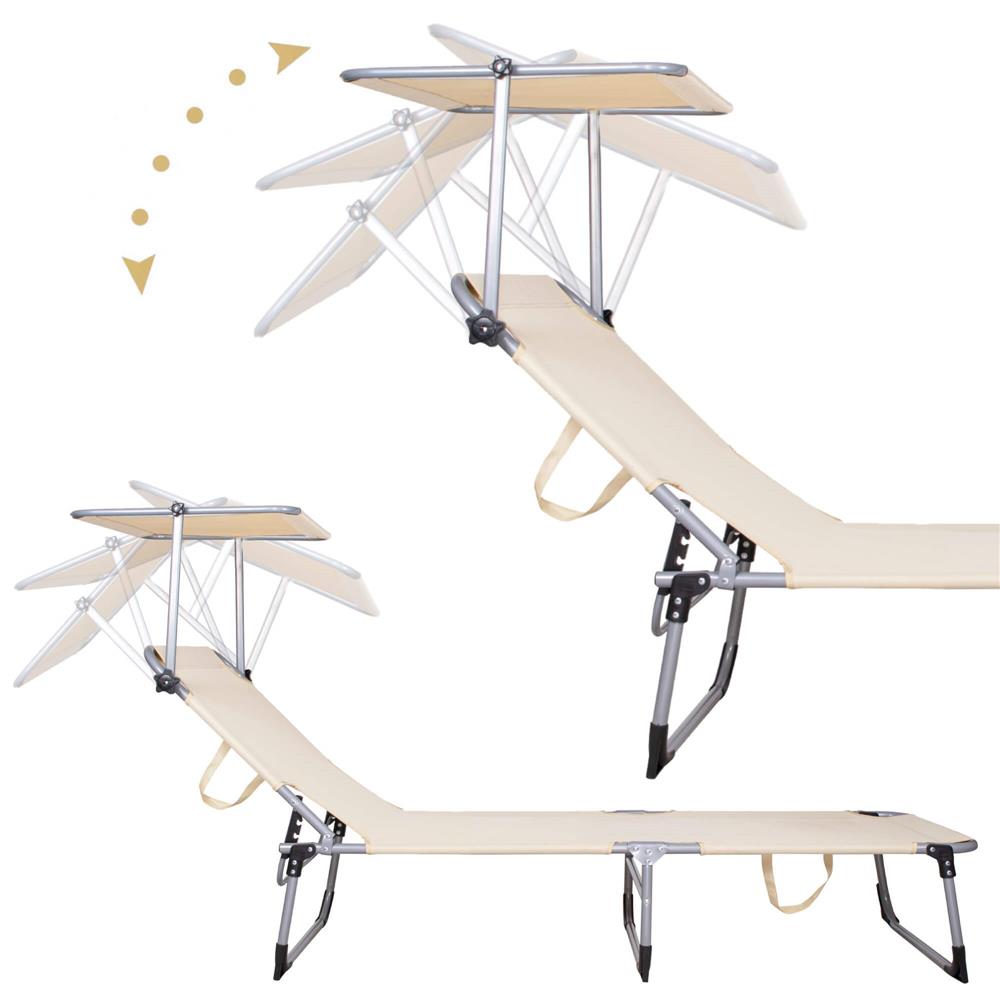 Sezlong pliabil cu parasolar, 188x57x38cm, sarcina 120kg, crem