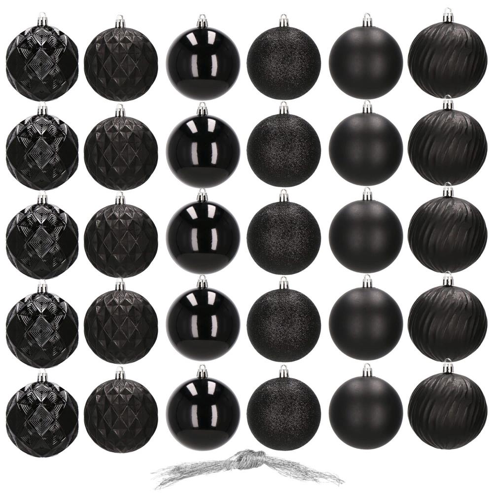 Set globuri de Craciun, 30 bucati, 8cm, 6 modele, negru