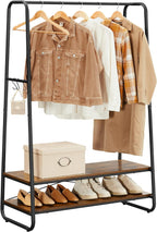 VASAGLE Raft pentru haine cu suport pentru pantofi, 2 polite, 6 carlige laterale, 45x100x160cm, maro rustic