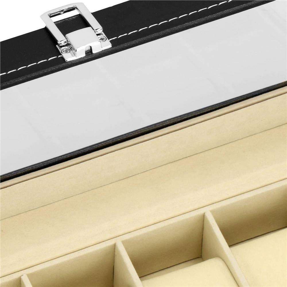 Cutie depozitare si organizare ceasuri, MDF, piele ecologica, 30x11x8cm, negru