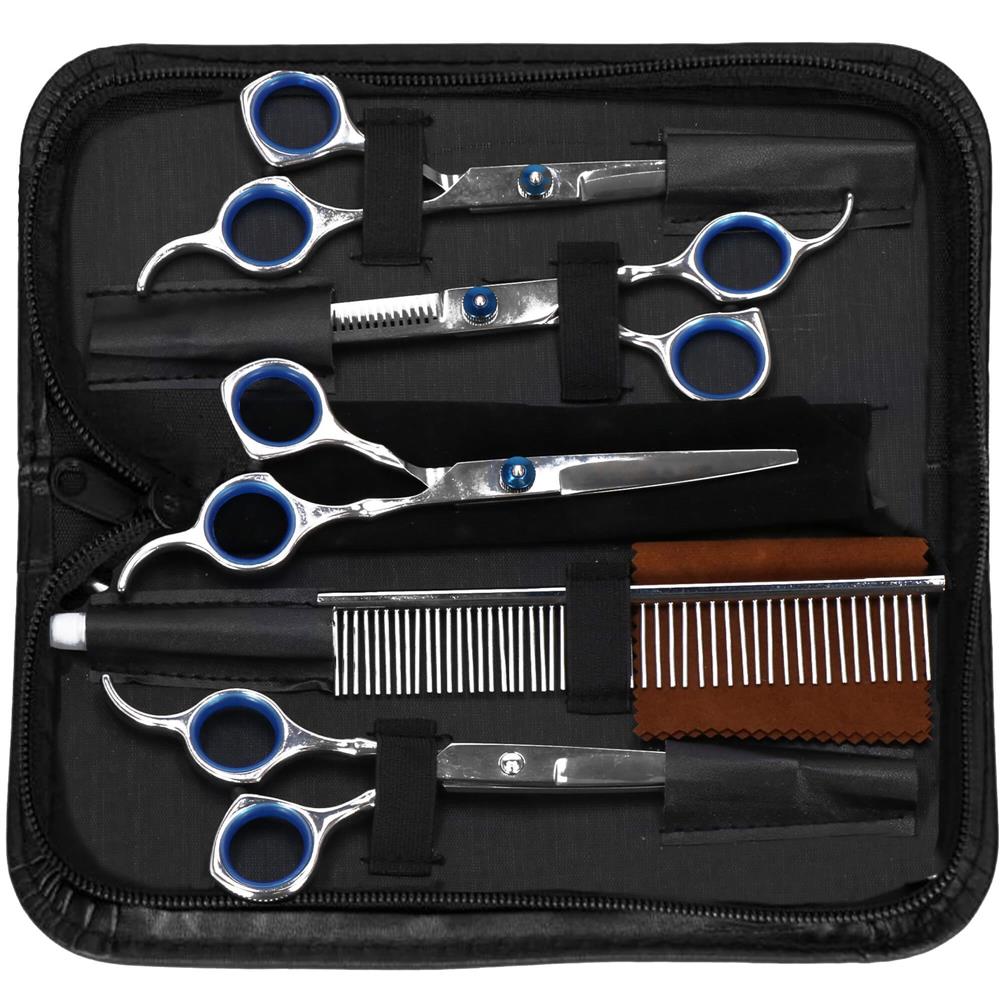 Set de ingrijire pentru animale de companie, cu 4 foarfece pentru tuns si accesorii