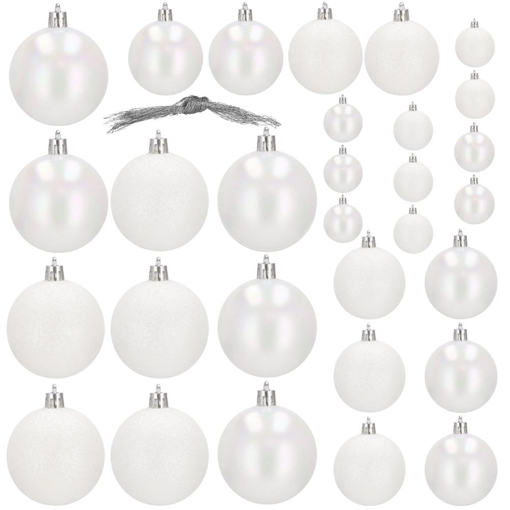 Set globuri de Craciun, 30 bucati, 3 modele, 4/5/6cm, alb