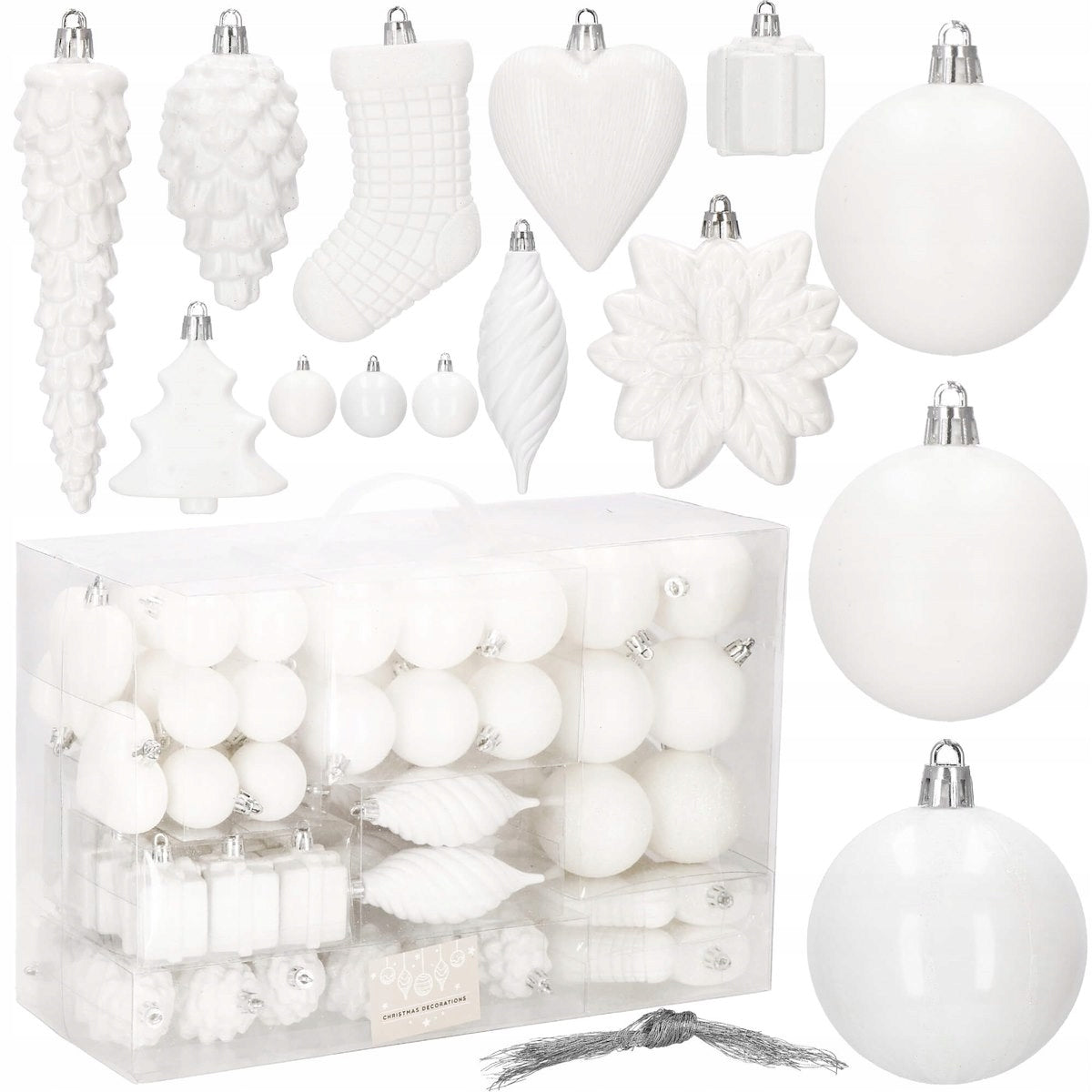 Set globuri si decoratiuni de Craciun, 72 piese, diverse dimensiuni, alb