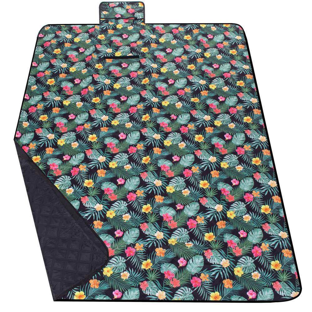 Patura pentru picnic sau plaja, cu folie izolatoare si maner, 200x200cm, negru floral