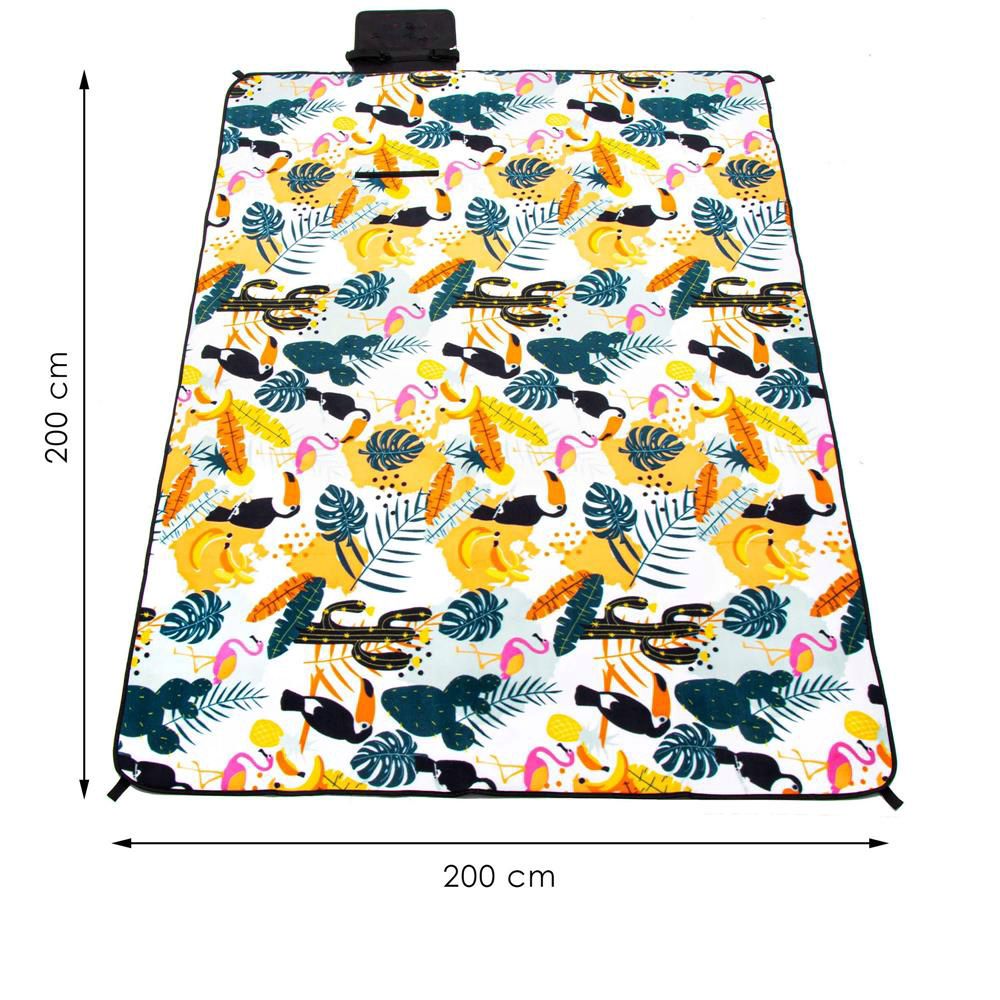 Patura pentru picnic sau plaja, cu folie izolatoare si maner, 200x200cm, model tropical, alb verde