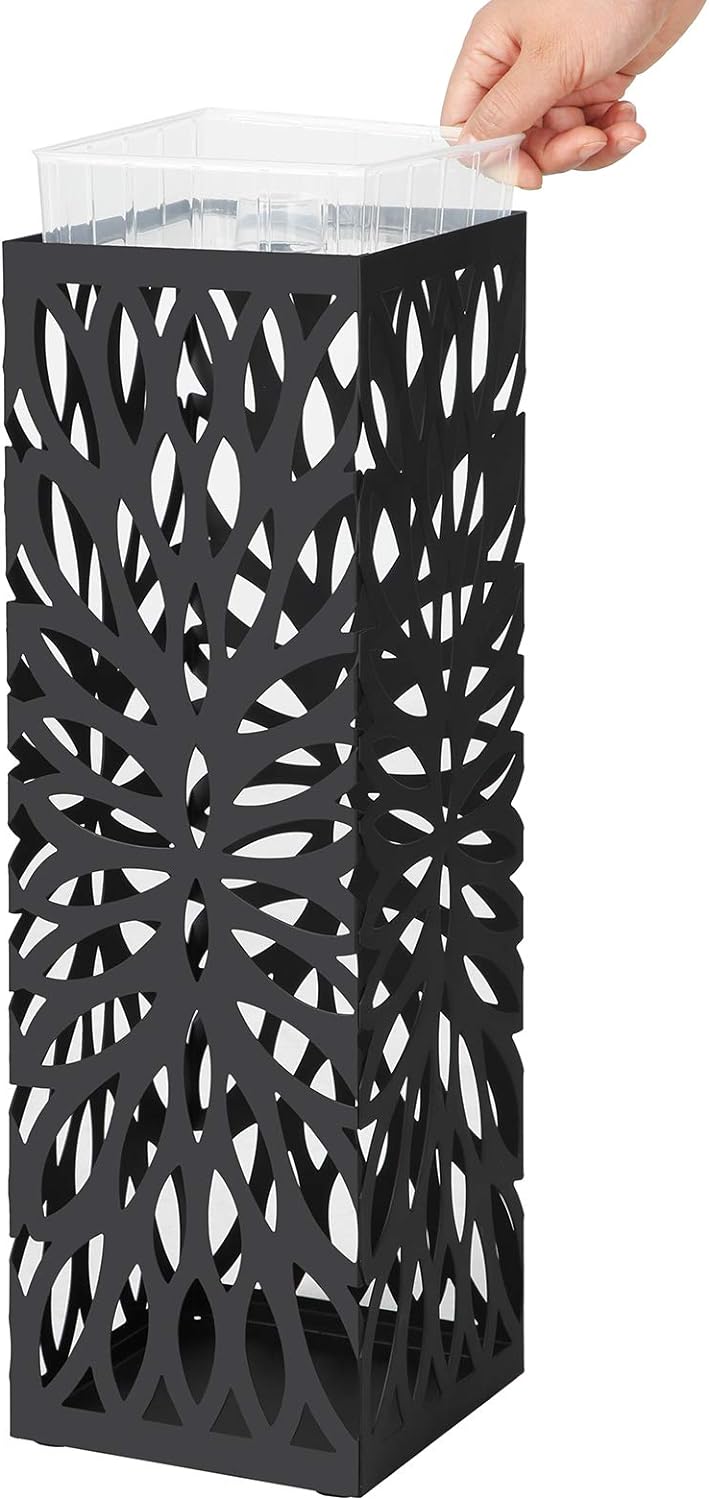 SONGMICS Suport metalic pentru umbrele, cu carlige si tava de picurare, 16x16x49cm, negru