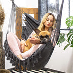 Hamac tip leagan suspendat pentru casa sau gradina, cu perne, 130x100cm, 150kg, gri inchis