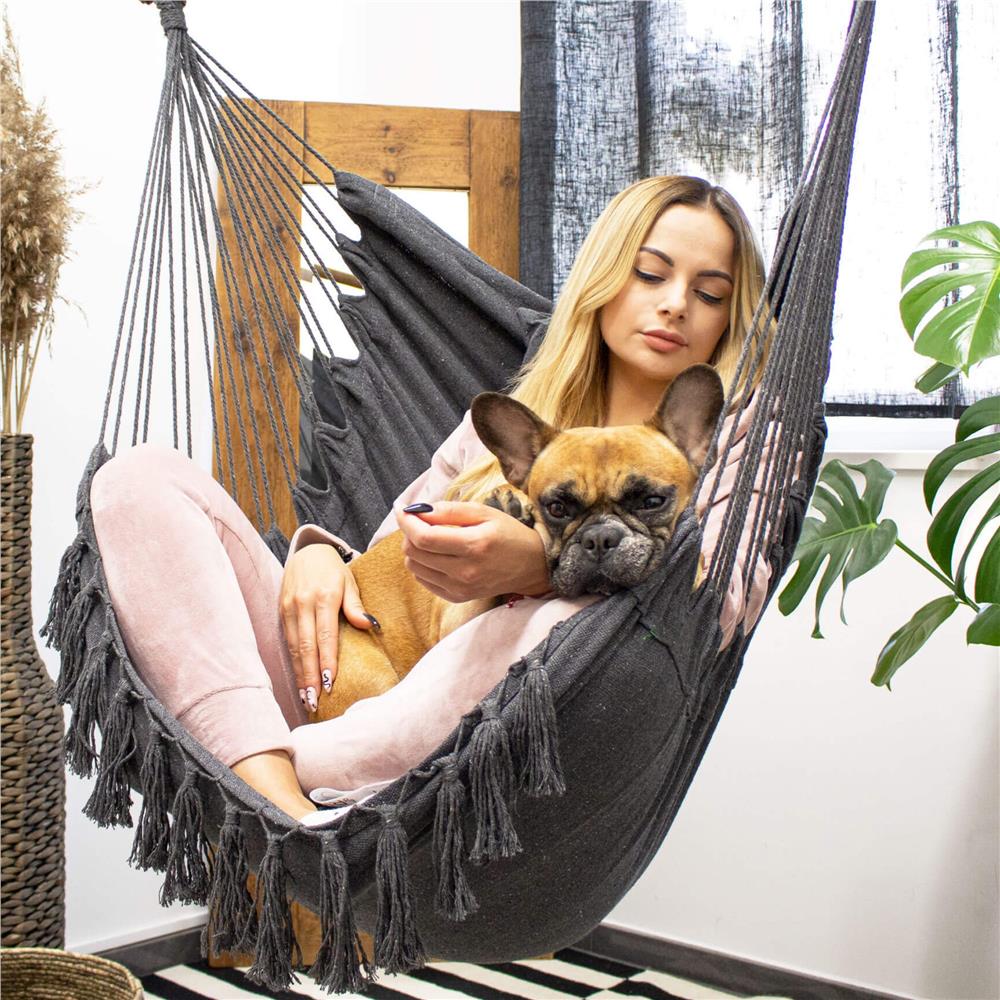 Hamac tip leagan suspendat pentru casa sau gradina, cu perne, 130x100cm, 150kg, gri inchis