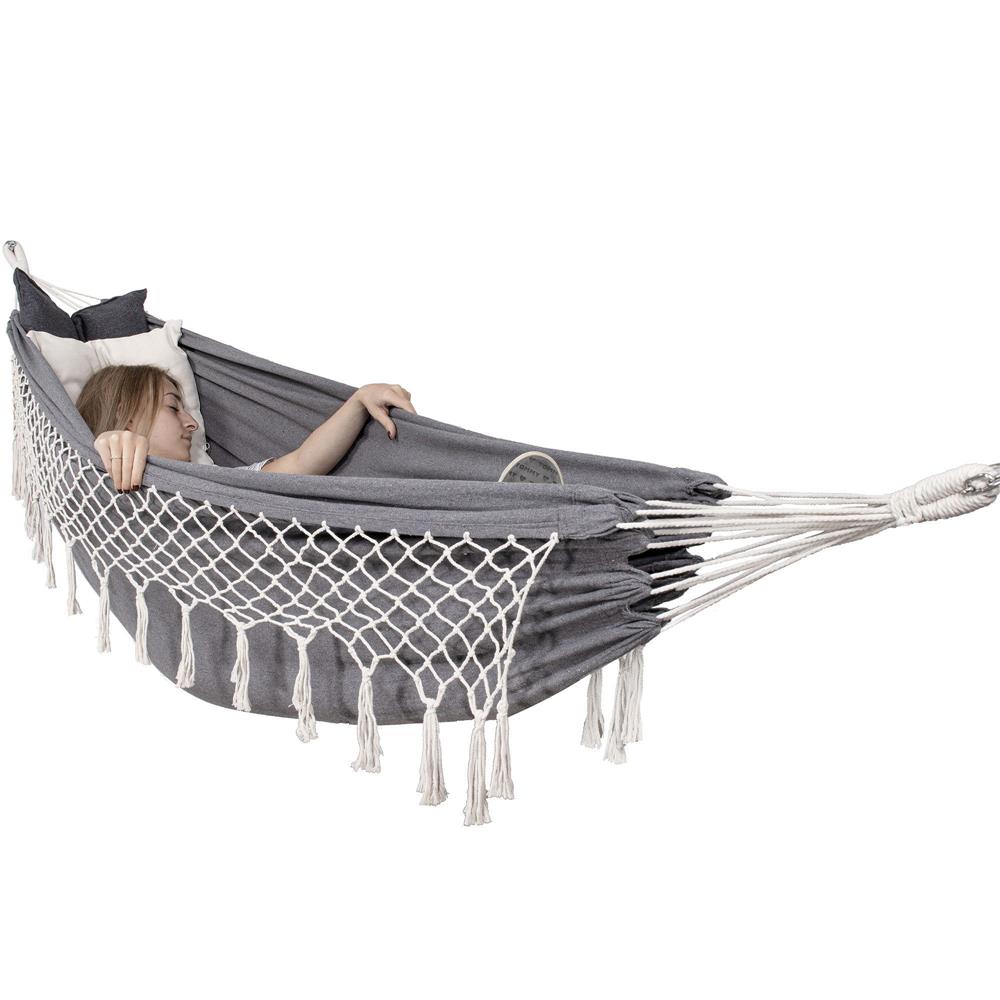 Hamac doua persoane cu franjuri si 2 perne, 200kg, 200×150 cm, gri inchis